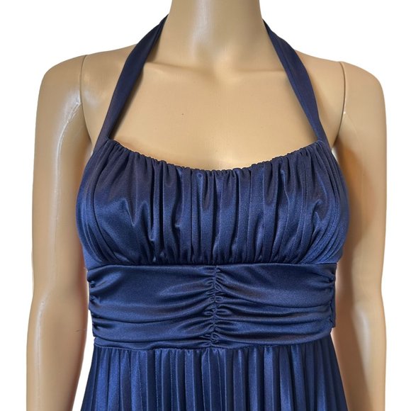 Women Pleated Halter Party Dress Small S Navy Blue Knee Length Stretch - Picture 5 of 13
